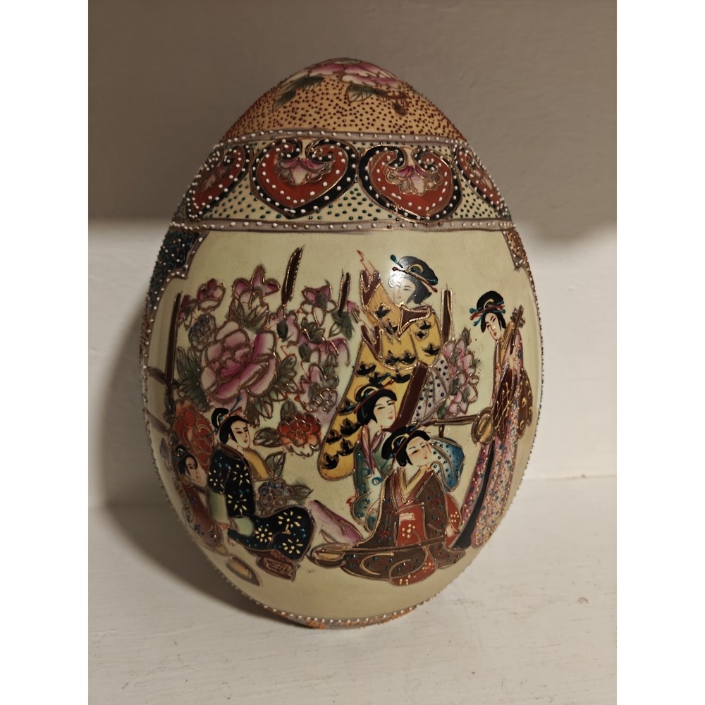 Large Hand Decorated/ Painted Japanese Satsuma Pottery Egg Rich Gold Moriage